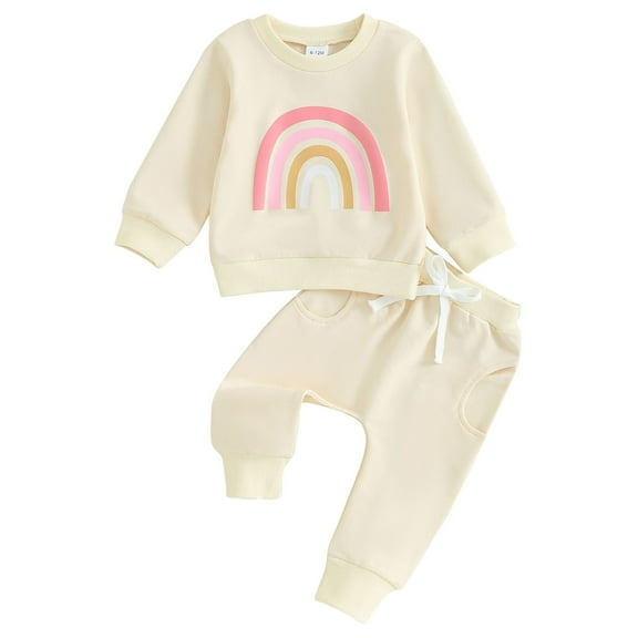 2PCS Baby Girls Fall Outfits 6 12 18 24M 3T Long Sleeve Rainbow Print Sweatshirt   Pants Set Toddler Clothes