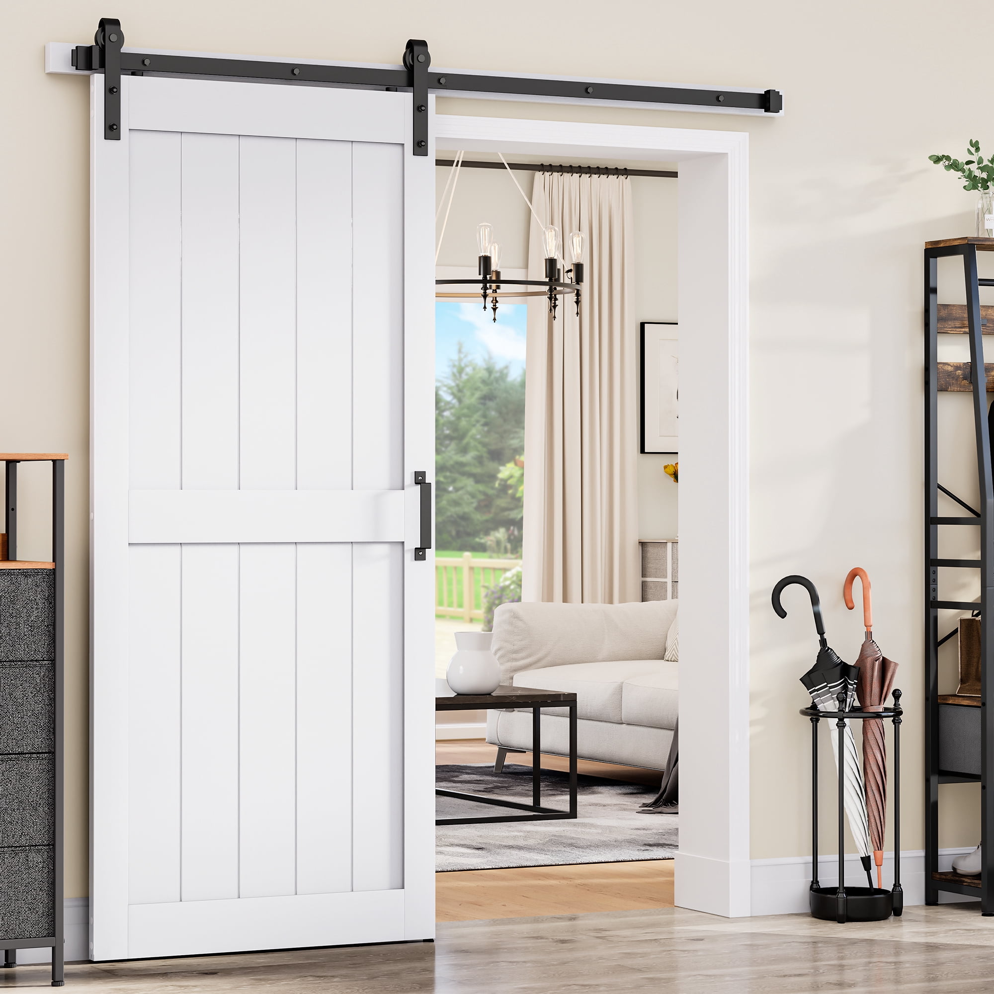 Dextrus HStyle Solid Core Single Barn Door 36 in x 84 in White Barn Door Hardware Kit