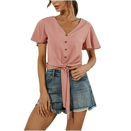 

Mrat Short Sleeve V-Neck Blouses & Shirts Corset Tops For Women Ladies Solid Color Loose V-neck Lace Button Petal Short Sleeve Top V Neck Sweaters Tunic Tops