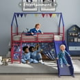 thumbnail image 2 of Bellemave Twin Loft Bed with Slide, Metal Junior House Bed with Curtain Set, Low Loft Beds Frame with Pennant Banner Flag and Star Stickers（Red+Blue）, 2 of 9