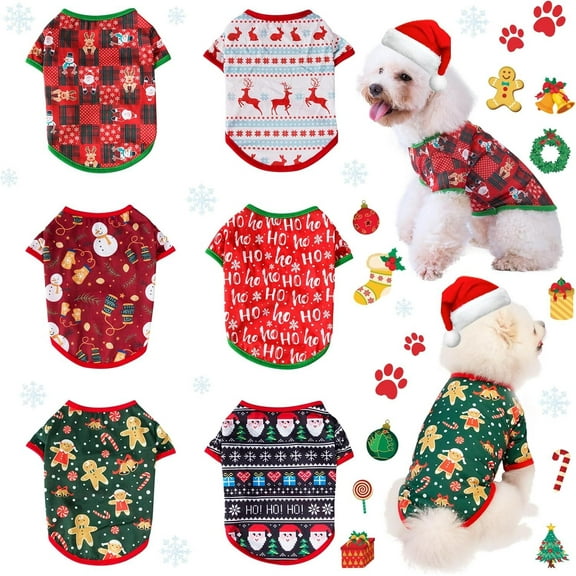 6 Pieces Christmas Dog Clothes for Small Dogs, Soft and Breathable Pet Shirt, Winter Puppy Kitten Vest Printed Dogs Shirts, Christmas Snowman Santa Claus Reindeer Dog T-Shirts for Pet Cats