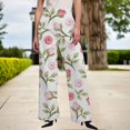 thumbnail image 6 of Bovemsi Women's Printed Straight Leg Cropped Pants - Elastic Waist Vintage Side Button Trousers with Pockets, Pink, M, 6 of 6