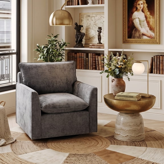 GARITIN 360° Swivel Accent Chair, Comfy Single Square Sofa Armchair, Upholstered Club Chair for Living Room Bedroom Reading Room, Chenille Fabric, Grey