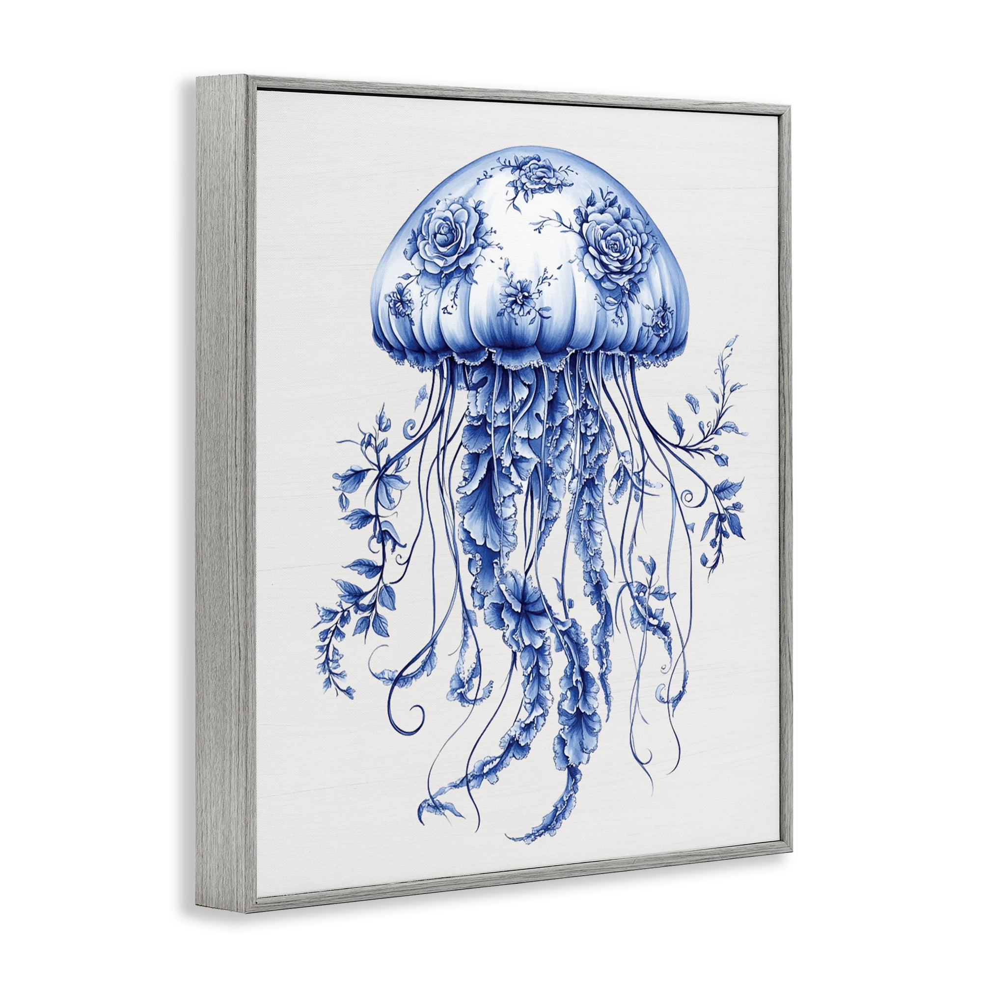 Funky Toile Jellyfish Gray Framed Giclee Art, design by Lettered and Lined