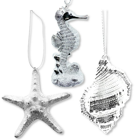 Beach Coastal Ornaments - Seahorse Starfish Conch Shell - Set of 3