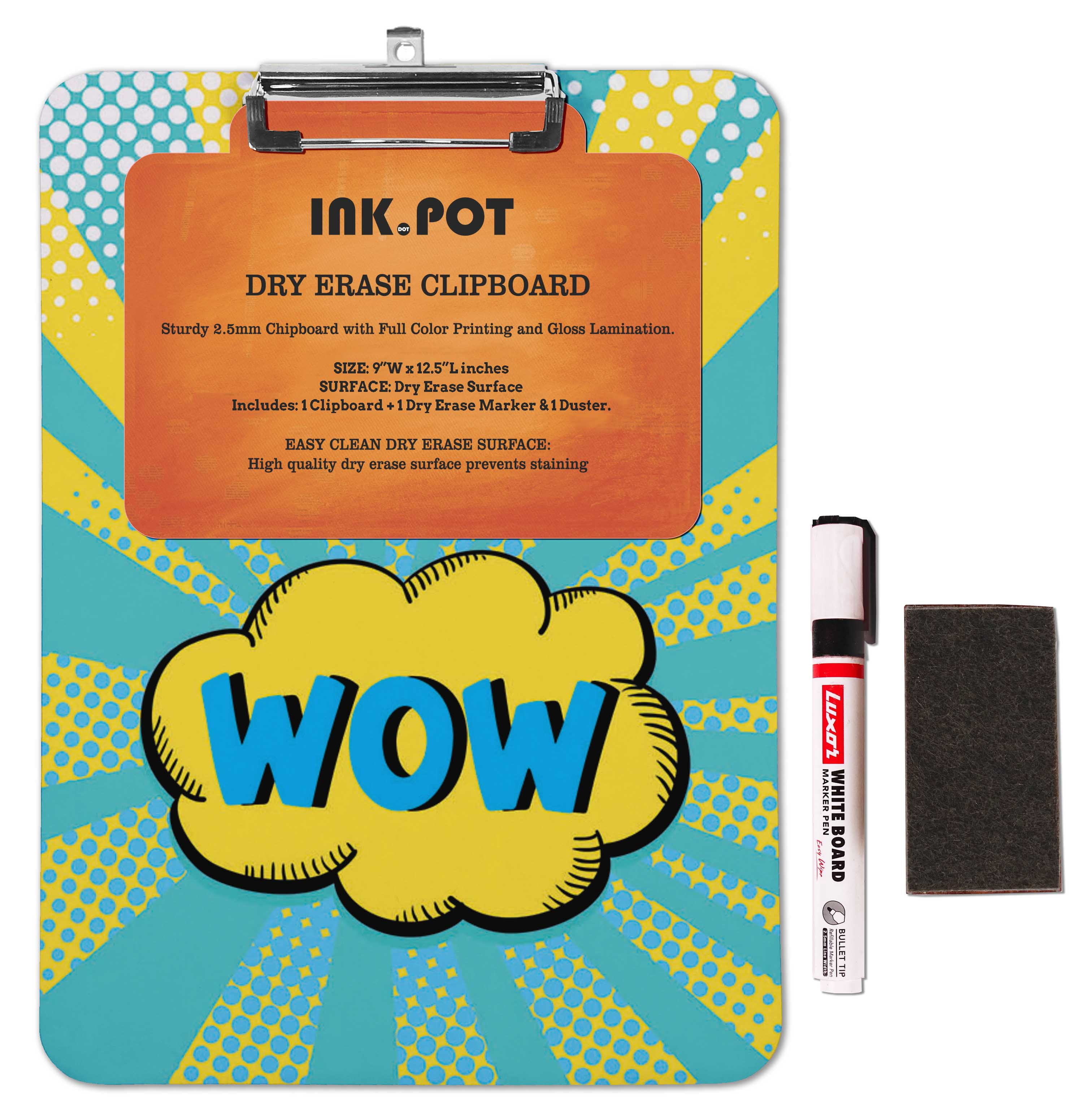 Inkdotpot Dry Erase Double Sided Dry Erase Double Sided Clipboard Letter Size Printed Paperboard Clipboard w/Low Profile Clip 9X15 With Free Marker & Duster