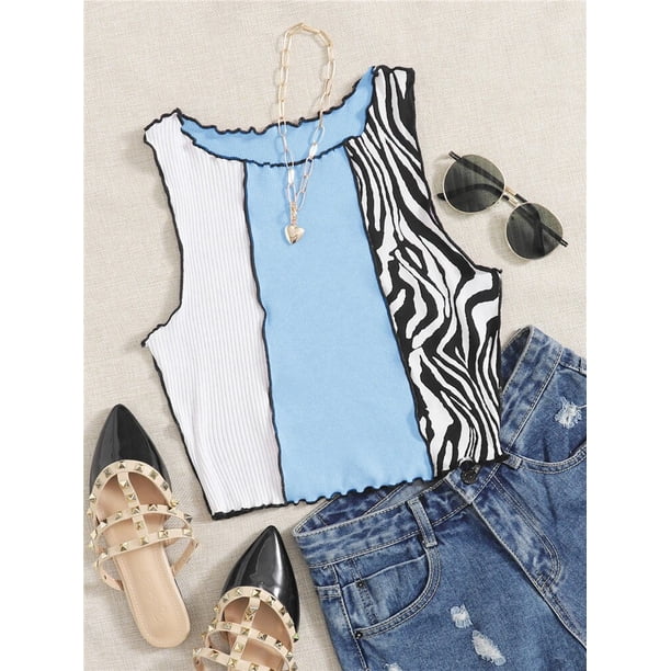 Zebra Stripe Graphic Patchwork Rib Knit Fruncido Crop Vest Mujer Y2K Ropa Verano Harajuku Sin mangas Tank Tops Streetwear 2022 Tan Jianjun unisex