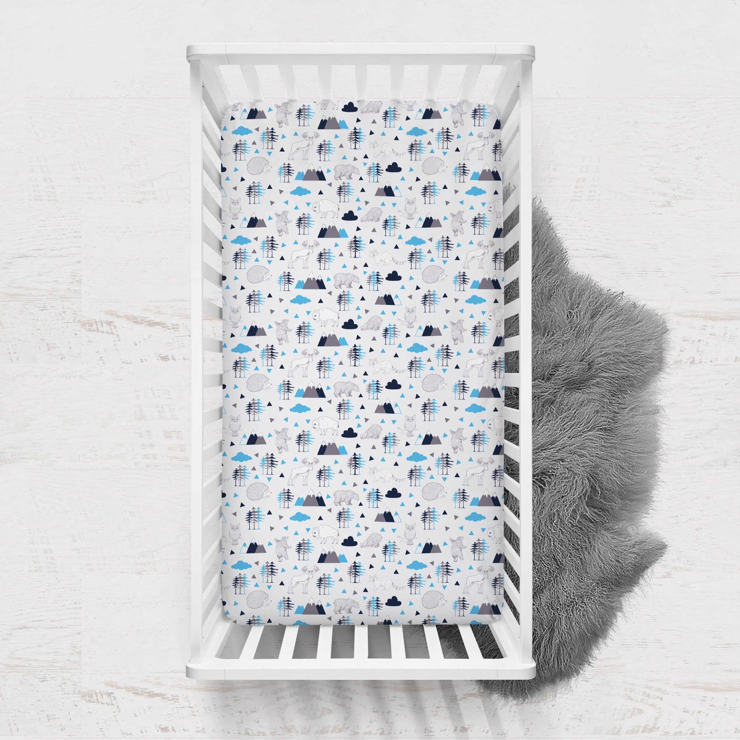 Crib or Toddler Bed Fitted Sheet 100% Cotton Percale, Woodlands Aqua/Navy/Grey