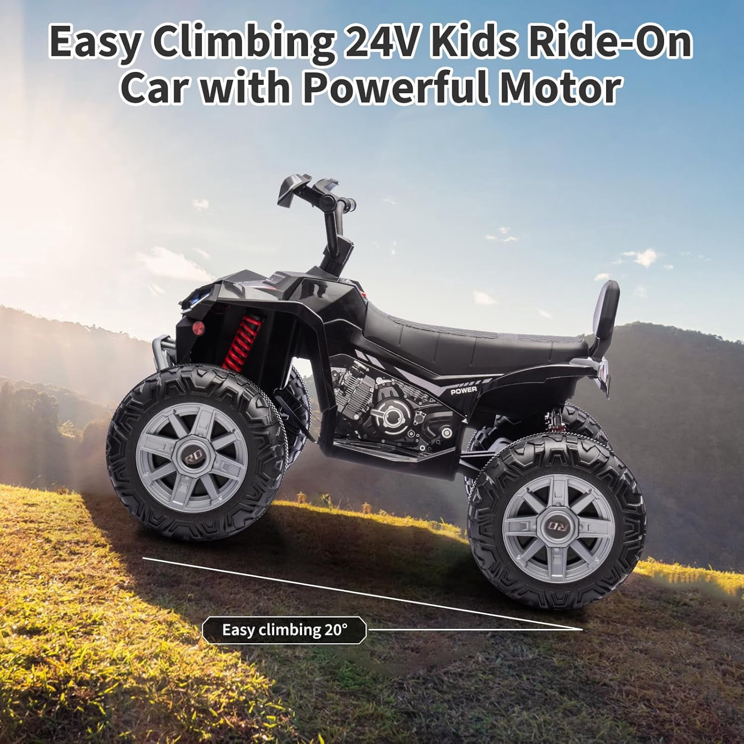 24V Ride-On 2-Seater Electric ATV for Kids – Four-Wheel Off-Road Vehicle with 3-Speed Control, Hydraulic Suspension, Disc Brakes, LED Lights, MP3 Player & Multi-Axis Steering, White