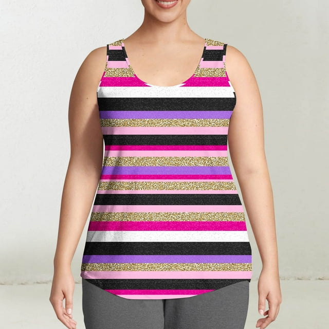 Débardeurs pour Femmes Grande Taille Sans Manches à Rayures Col Rond Été Décontracté Imprimé Ample Camisoles Débardeur Rose Vif TG