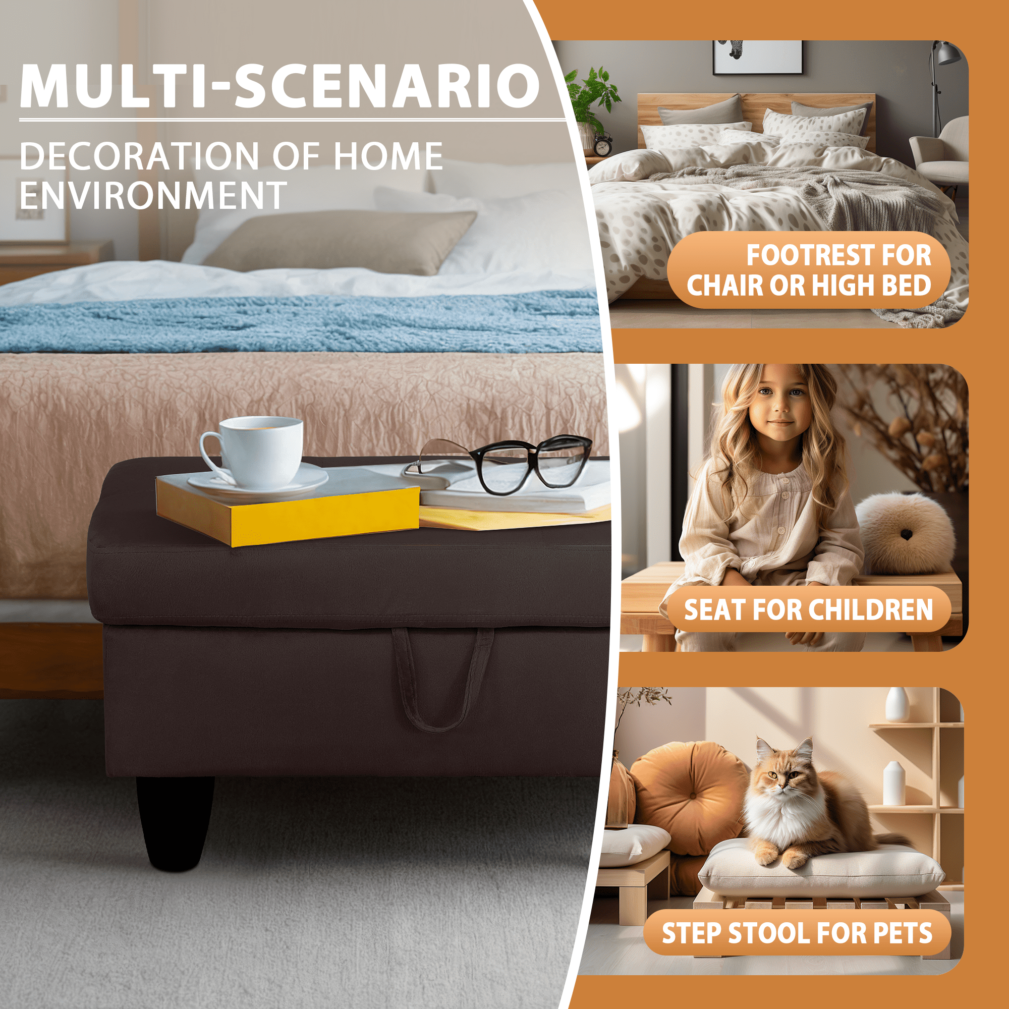 WRTEYEUI Ottoman Rectangular Storage Ottoman Bench, Flannel Footrest Stool Footstool with Lid for Living Room, Bedroom, Entryway, Dark Coffee, 28.5"x19"x17.5"