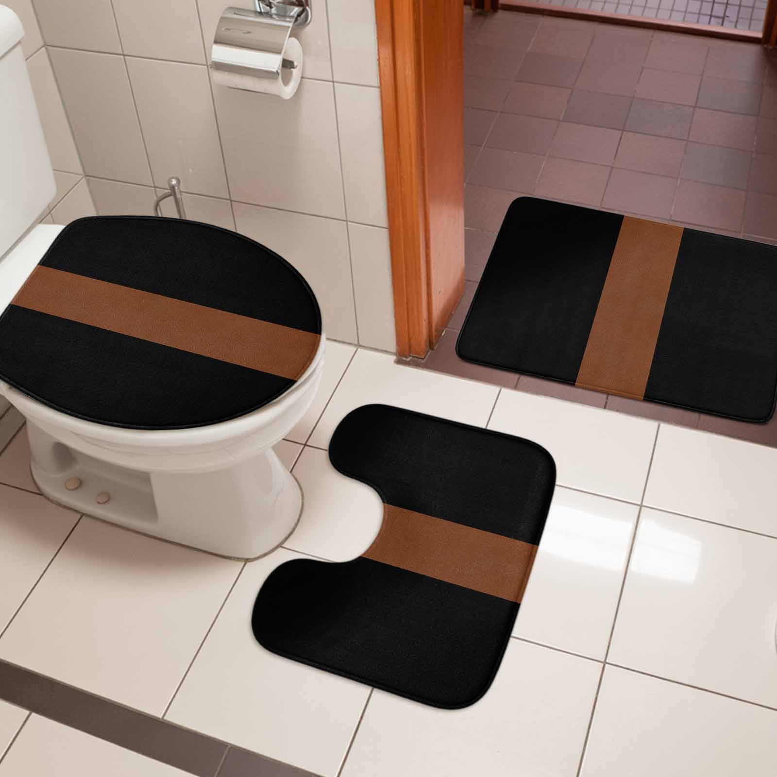 Black Brown Bath Mat 3 Piece Bathroom Rug Set, Contemporary Boho Modern Art Non Slip Bath Rug Contour Mat and Toilet Lid Cover, Absorbent Shower Mats Soft Bath Rugs and Mats Sets