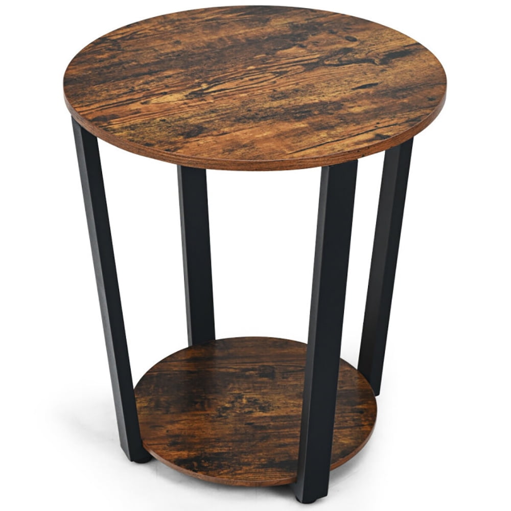Finihen Round End Table, 2-tier Round End Table with Storage Shelf and Metal Frame for Living Room, Bedroom, Brown Finihen Round End Table, 2-tier Round End Table with Storage Shelf and Metal Frame for Living Room, Bedroom, Brown