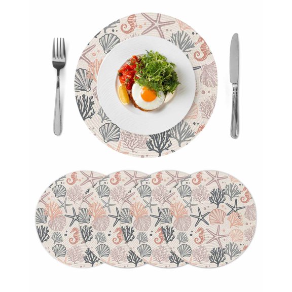 Coral Pink Grey Coastal Round 15 Inch Placemats Set of 4, Summer Beach Starfish Coral Nautical Rustic HeatResistant Non Slip Place Mats for Dining Table, Wipeable Kitchen Table Mats for Housewarming