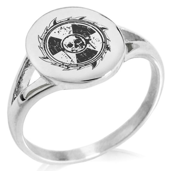Stainless Steel Radioactive Sawblade Skull Minimalist Oval Top Polished Statement Signet Ring