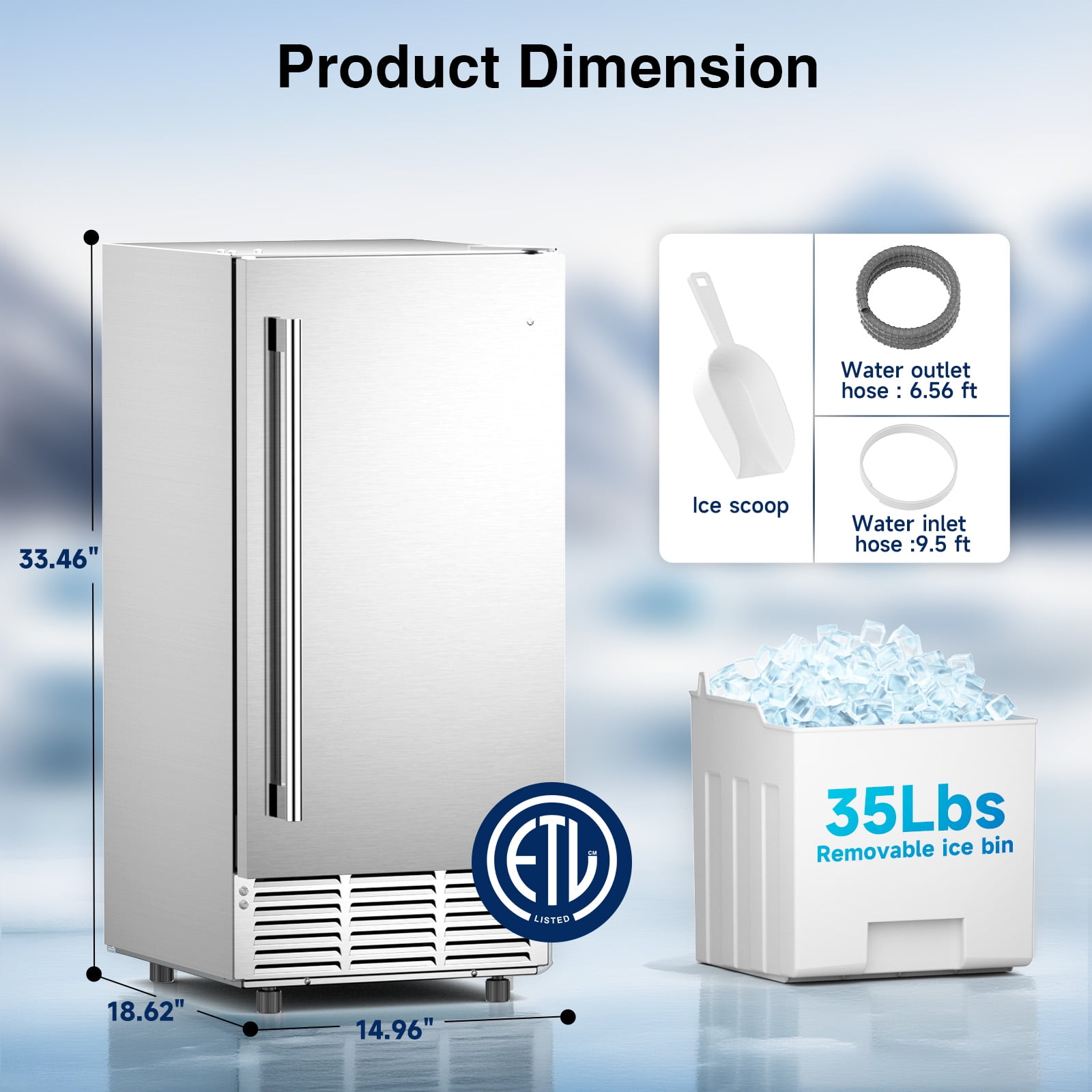 Commercial Under Counter Ice Maker Machine, 90 Lb/Day Auto-Cleaning & 24H Timer