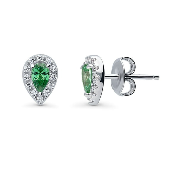 BERRICLE Sterling Silver Halo Pear Cut Cubic Zirconia CZ Fashion Stud Earrings for Women, Rhodium Plated, Green