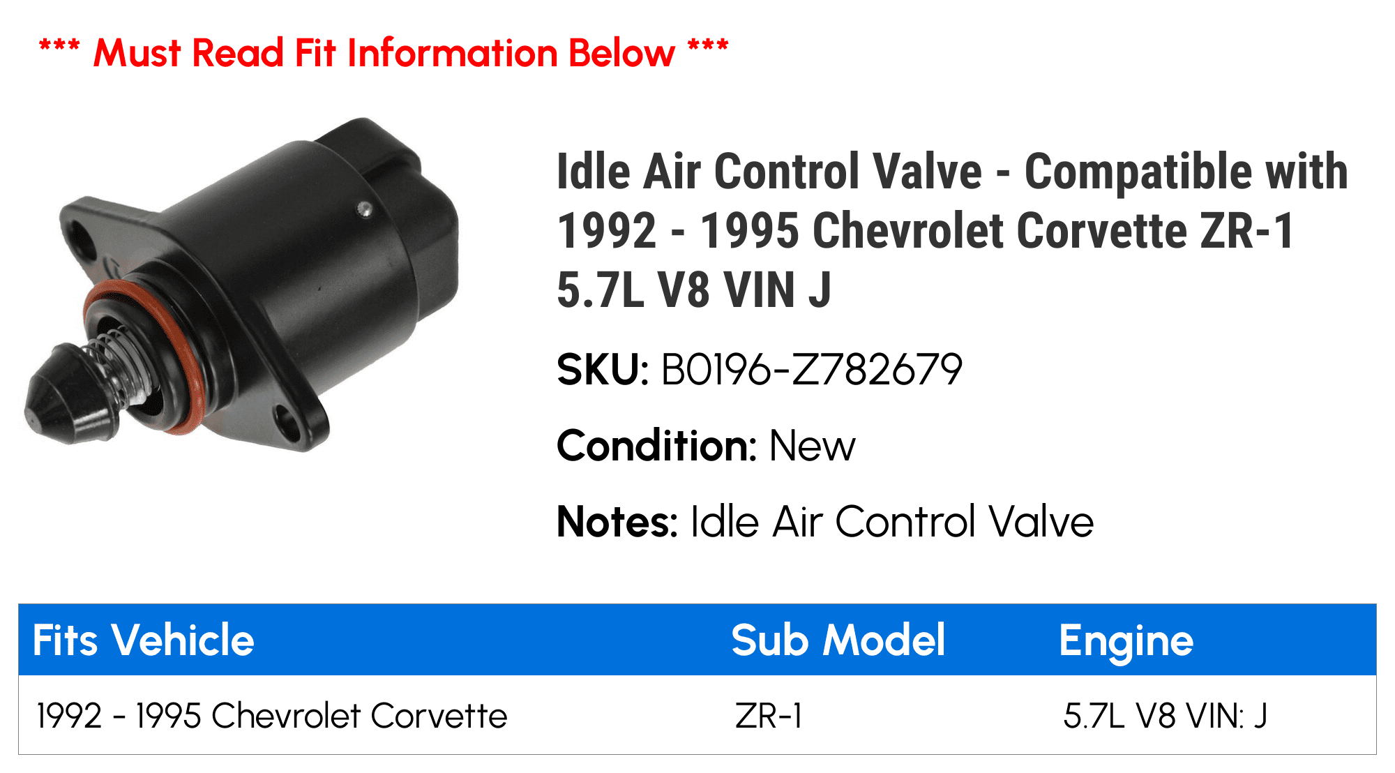 Idle Air Control Valve - Compatible with 1992 - 1995 Chevy Corvette ZR-1 5.7L V8 VIN J 1993 1994