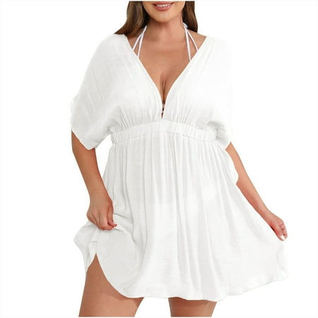 BangWanChi Maxi Dresses for Women 2024 ClearanceSummer Oversized Women s Dress with Waistband and Large Hem Pleated Beach Bikini Cover Up Dress Short Sleeved V-neck Knee Length Dress