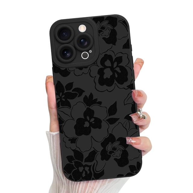 Funda de teléfono MZELQ para iPhone 16 Pro de silicona con estampado floral rosa negro