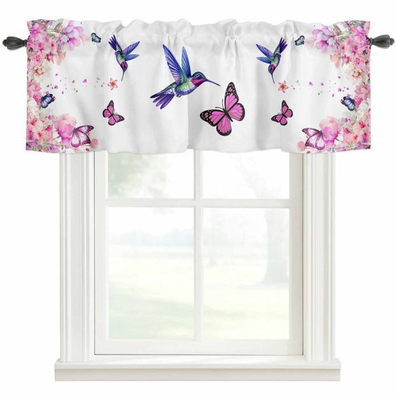 Pink Flowers Humpbird Window Valance Curtain Spring Watercolor Butterflies Floral Rod Pocket Valance for Windows Short Curtain for Living Room, Bedroom & Kitchen Window Decor 60x18in
