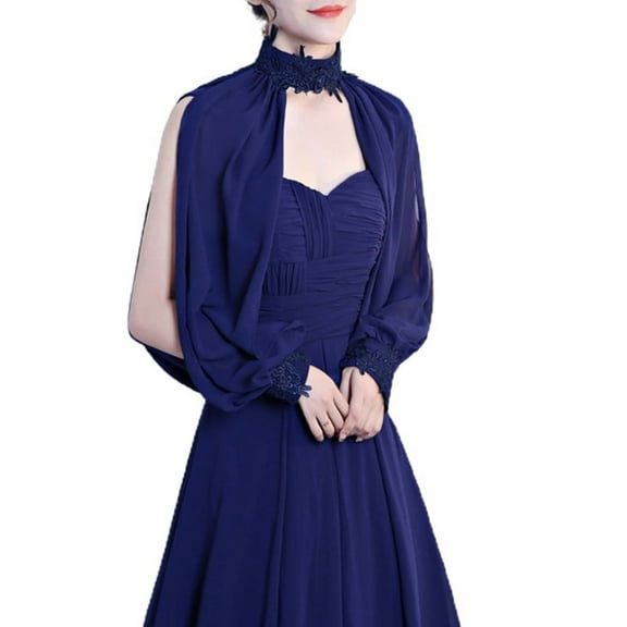 YEUHTLL Women Elegant Side Split Long Sleeve Wedding Shawl Cape Halter Neck Chiffon Shrug Capelet Open Front Backless Floral Lace Bridal Jacket Bolero