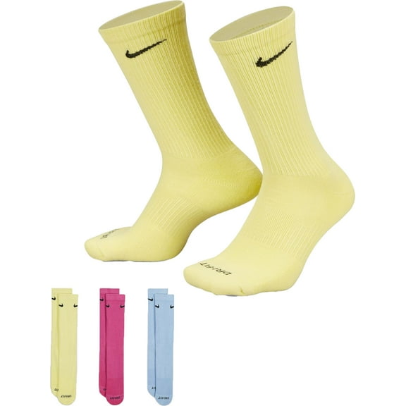 Nike Dri-FIT Everyday Plus Cushion Crew Socks - 3 Pack (Yellow/Pink/Blue, L)