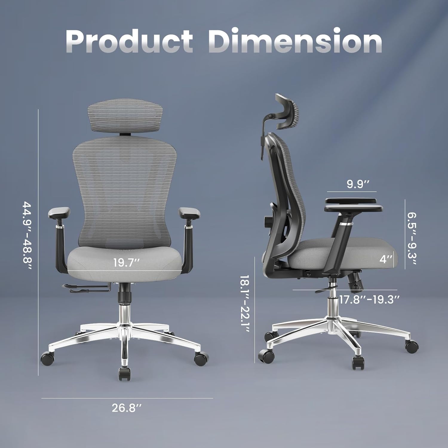 STARY High-Back Ergonomic Office Chair, Computer Desk Chair with Adjustable Seat Depth, 3D Armrests & Headrest, for Home or Office Use, Black & Grey