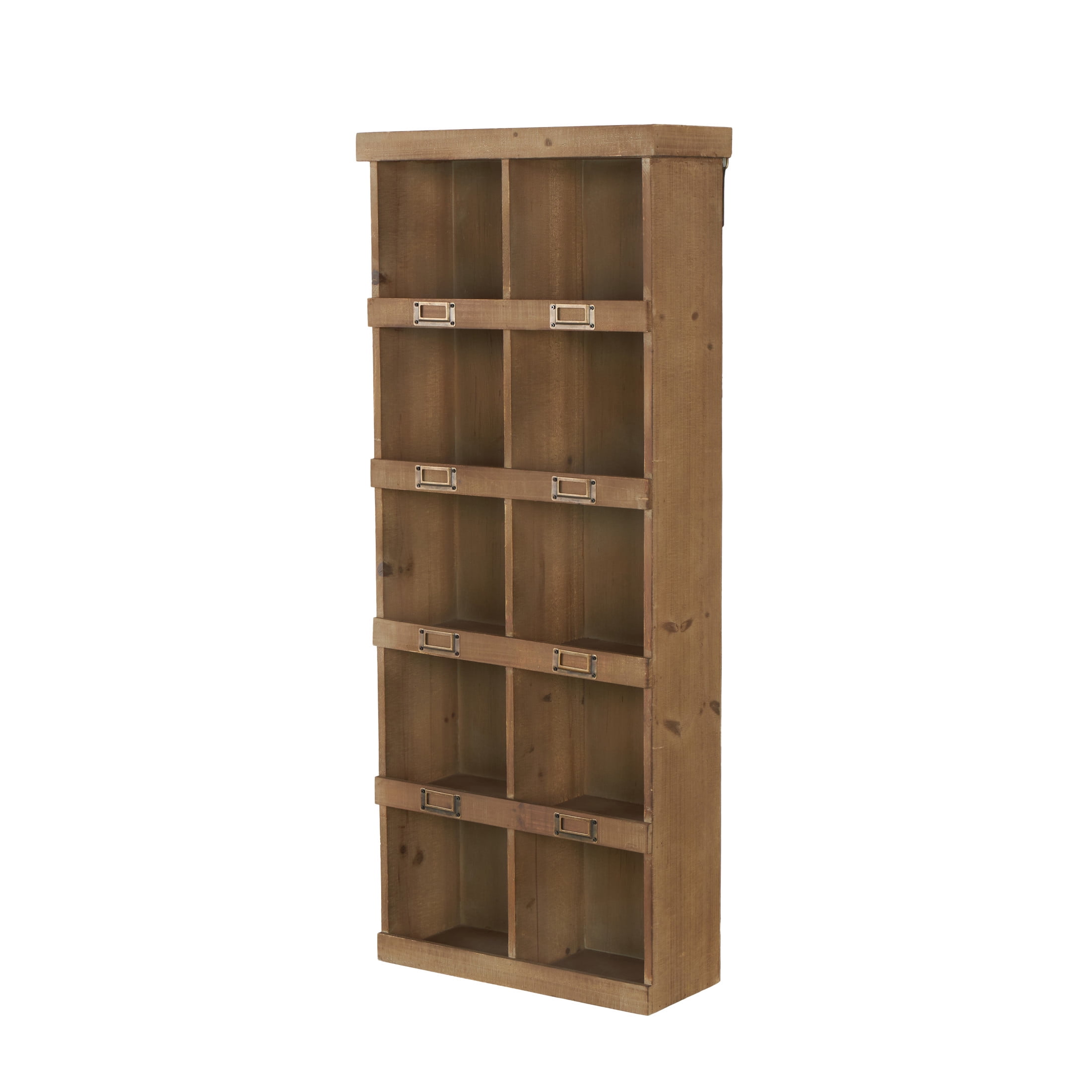 DecMode Rustic Bookcase Inspired Wood Wall Shelf with 10 Square Units and Brown Wood Grain Finish, 18"W x 42"H