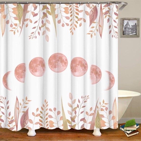 Moon Phase Shower Curtain Fabric Lunar Cycles Space with Leaves Plants Bathroom Curtain Blush for Bathroom Decor with Hooks,Pink and White 60"W x 72"L (Pack of 1)