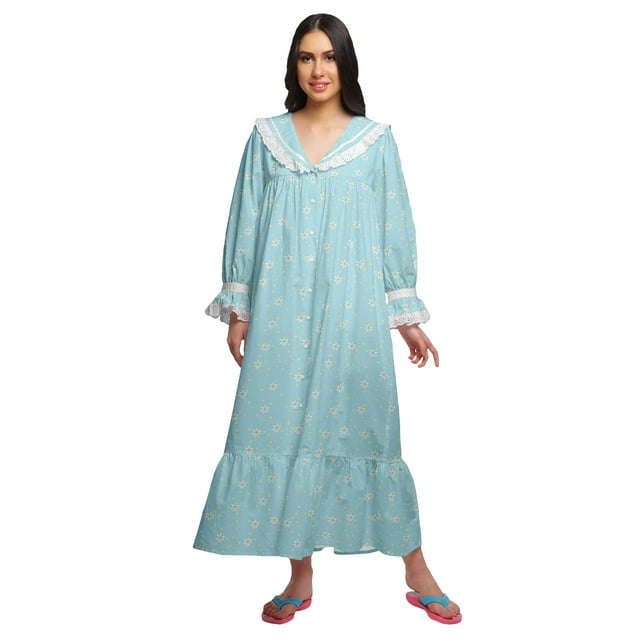 Moomaya Chemise de Nuit Maxi à Boutons Manches Longues Imprimée en Coton pour Femmes