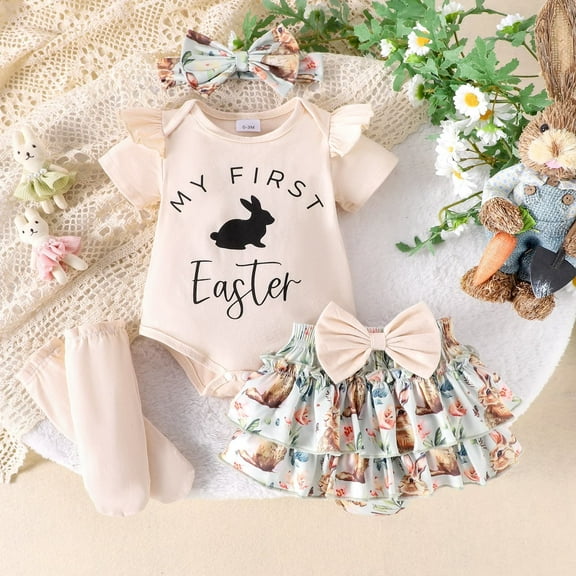Baby Girl Easter Outfits Ribbed Romper Bunny Suspender Skirts Set Overall Dress Summer Clothes for Little Girls 0-18 Months