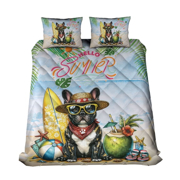 French Bulldog Hello Summer with Sunglasses and Surfboard Tropical Vibes Quilt Bedding Set Dog Lover Gifts 1 Blanket Bed Cover 2 Pillowcases - 00007
