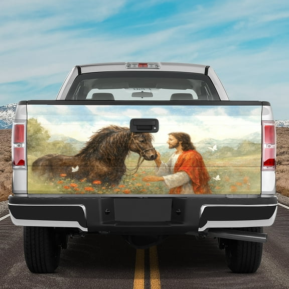 Lotusprinthandmade Jesus and Horse Christian Tailgate Wrap 2 Sizes (24"x58"), jesus and horse faith based tailgate decal, jesus christian truck tailgate wrap