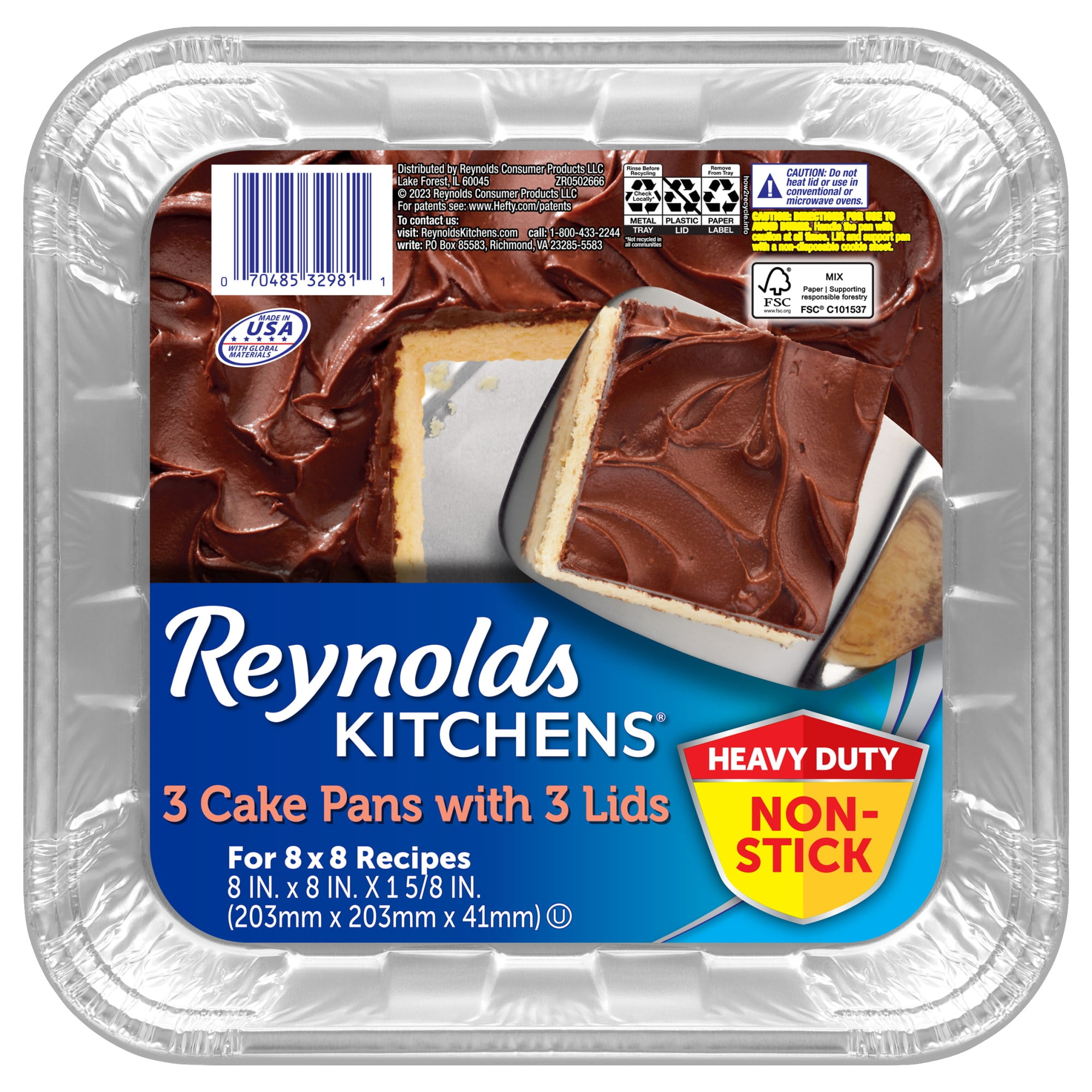(3 pack) Reynolds Kitchens Aluminum Pans with Lids, Blue, 8x8 Inch, 3 Count