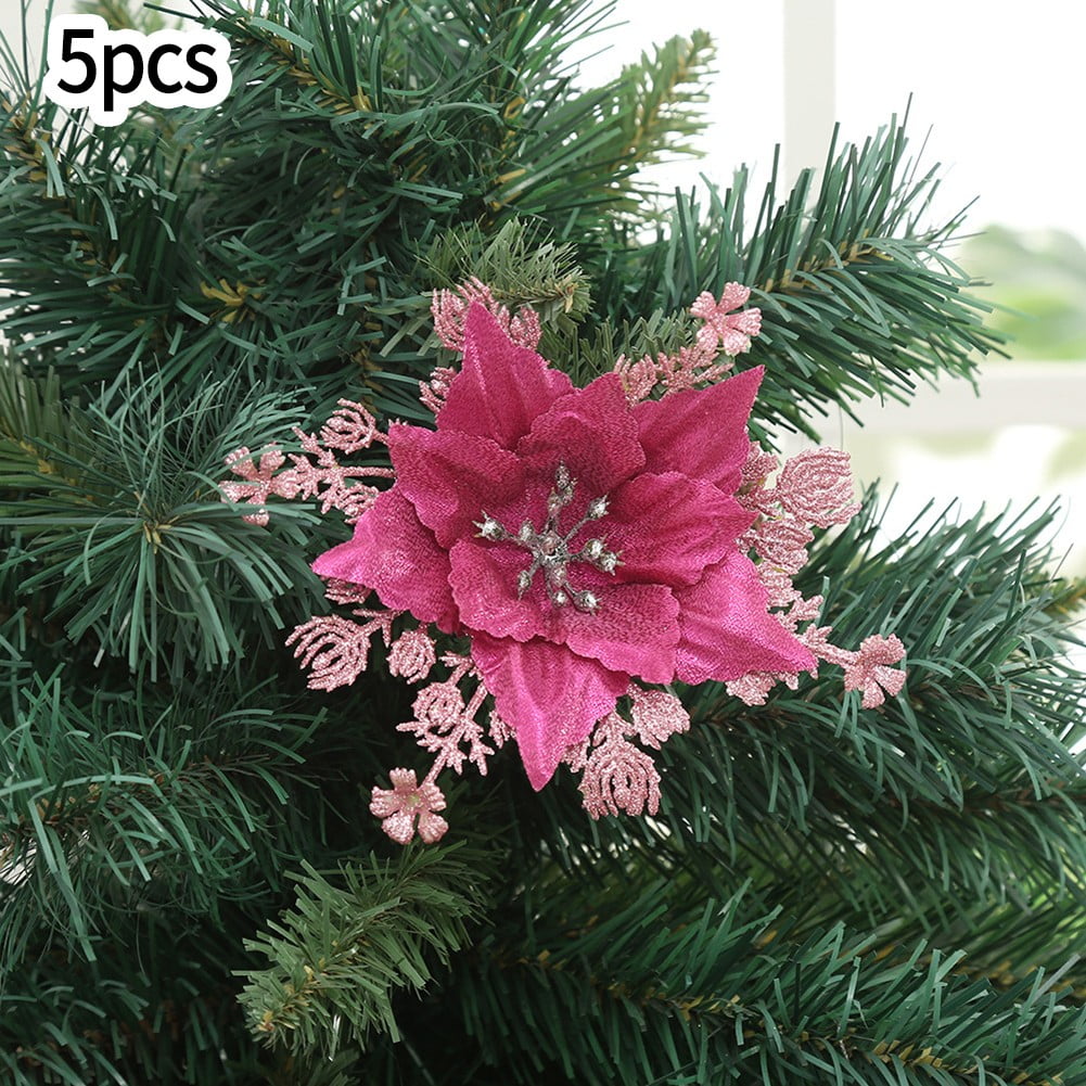 QIFEI 5Pcs 5.5inch Poinsettia Glitter Flower Christmas Tree Hanging