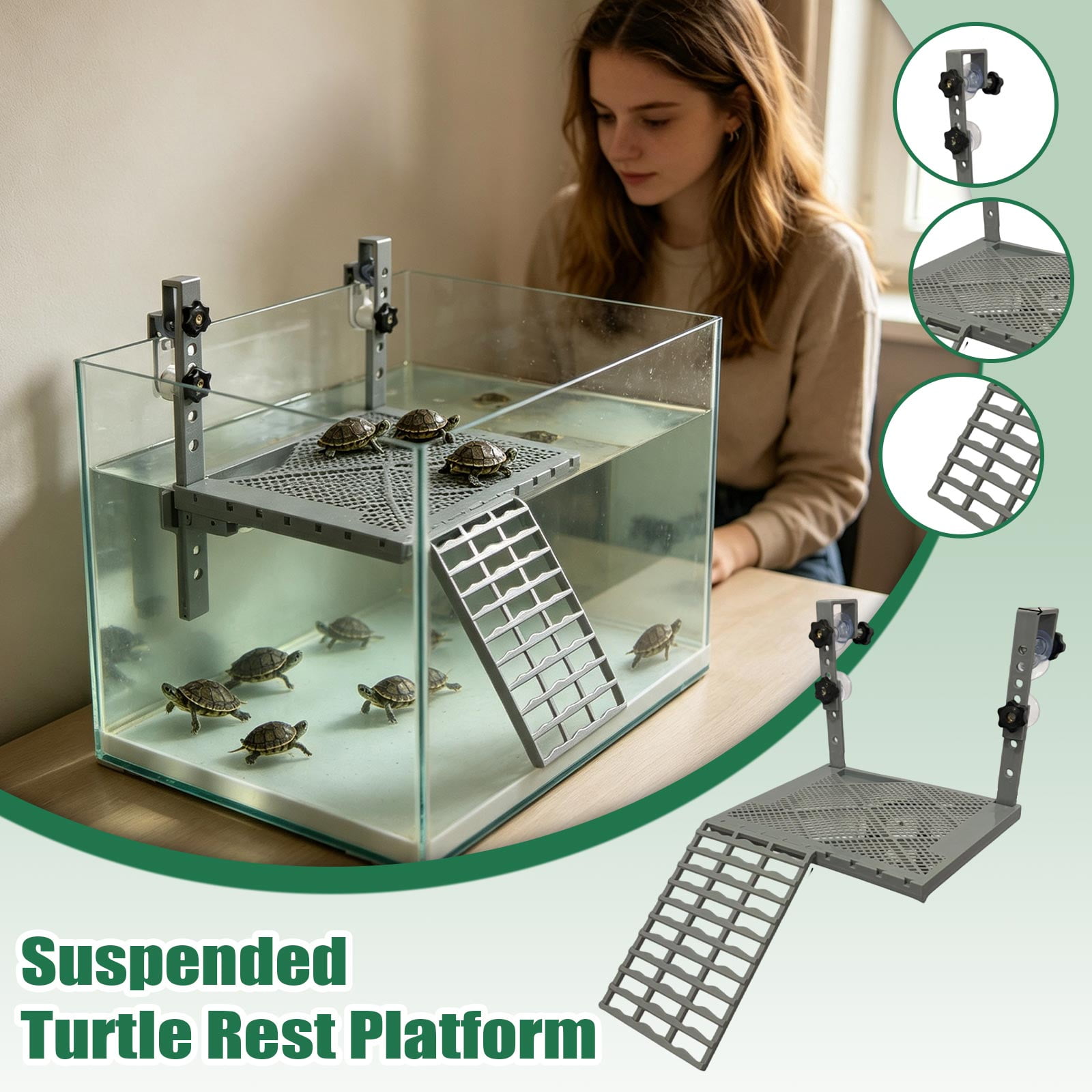 WEEEANT Suspended Turtle Basking Platform, Adjustable Turtle Pier Dock with Climbing Ramp for Reptiles and Amphibians in Aquatic Tanks and Terrariums