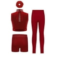 thumbnail image 2 of Miutii Kids Girls Figure Skating Gym Dance Outfit Crop Top with Shorts Leggings Headwear Set Latin Jazz Ballet Dancewear Burgundy 14, 2 of 3