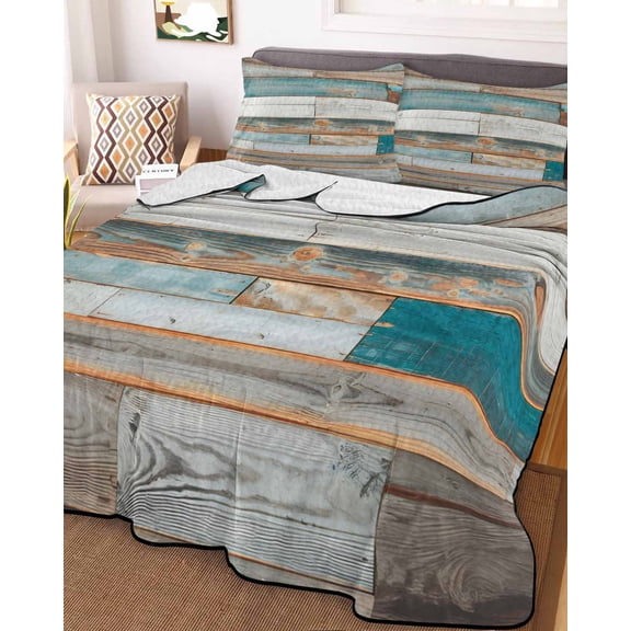 Turquoise Brown King Size Down Alternative Comforter, Lightweight Comforter Quilt Bedding Set with Pillow Shams Vintage Country Ombre Wooden Grain All Seasons Bed Comforter Duvet Insert 96"x106"