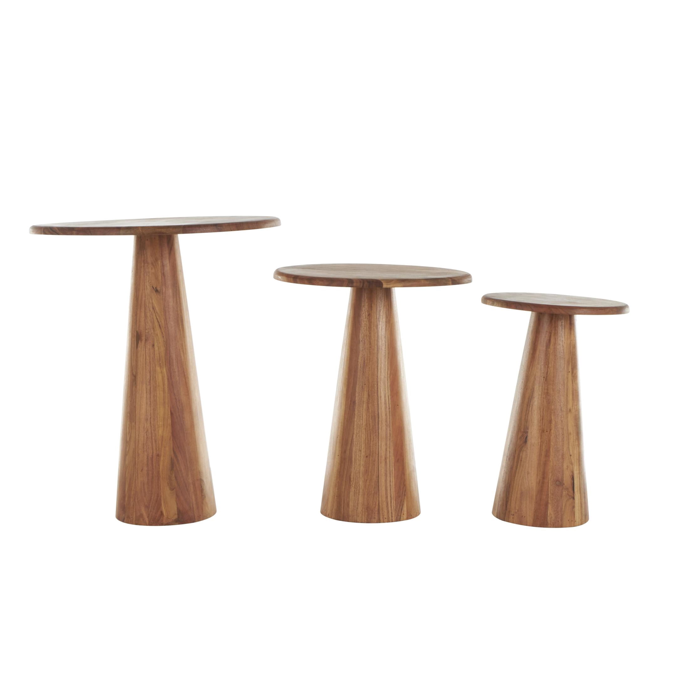 DecMode 12" x 16" Brown Wood Accent Table with Natural Wood Grains and Cone Shaped Bases, 3-Pieces