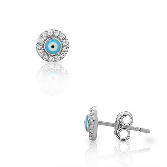 925 Sterling Silver White CZ Evil Eye Hamsa Small Womens Stud Earrings