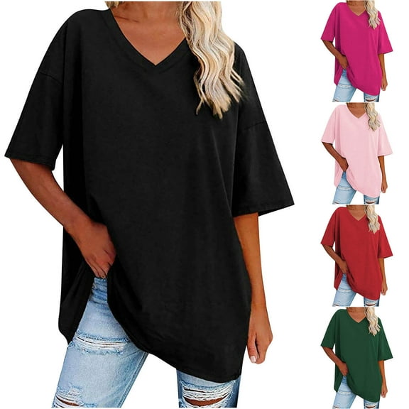 Jacenvly 2024 new plus size womens clothes Casual Women's New Solid Loose Half Sleeve Cotton Waist Short Sleeve Tops breathable v neck t shirts t-shirts womens summer Black