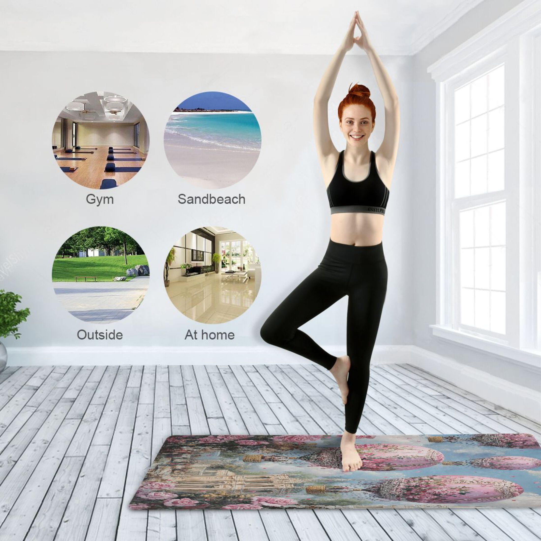 BZSMCE Yoga Mat Women Pink Floral Hot Air Balloons Fitness Mat