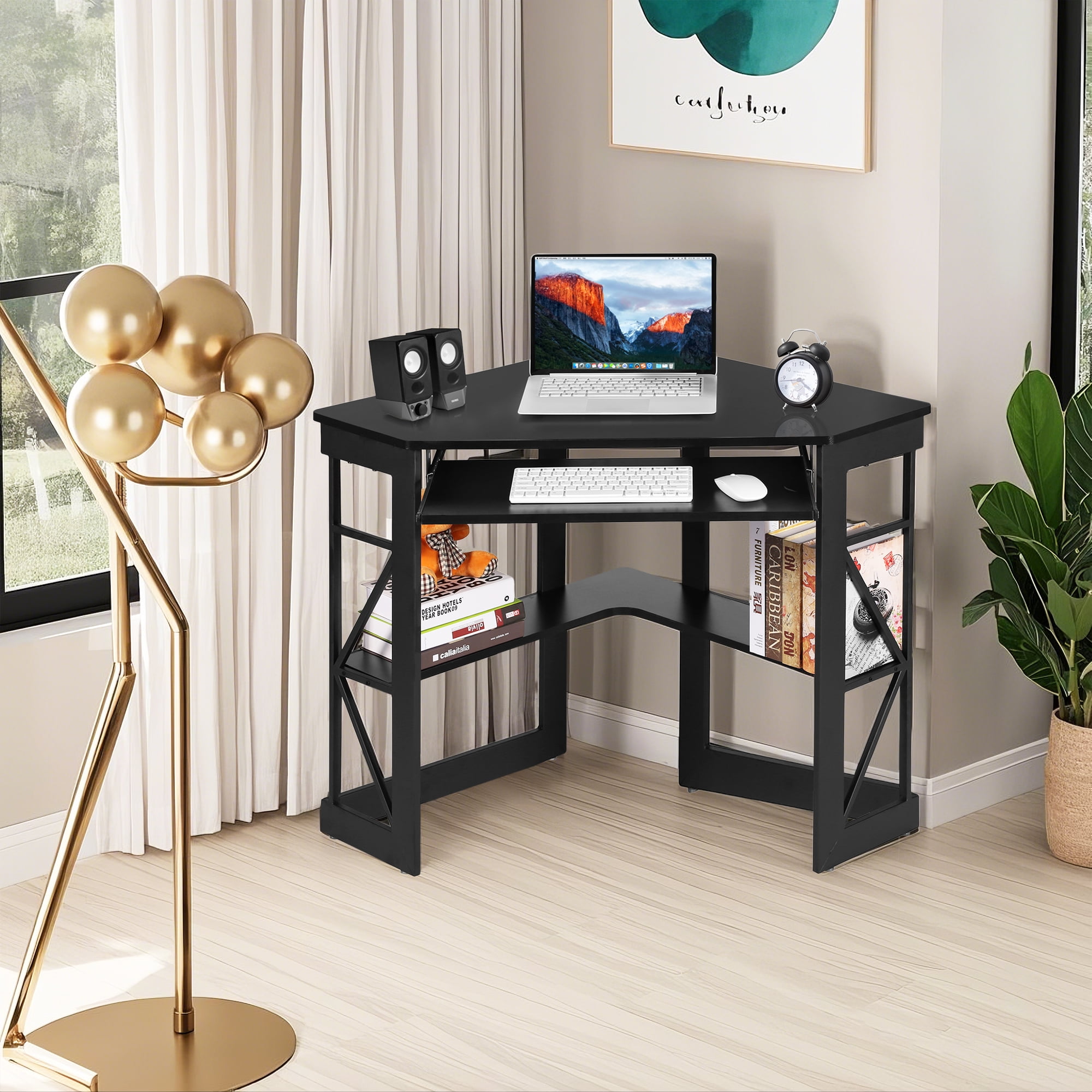 VECELO Corner Computer Desk with Keyboard Tray and Storage Shelf, Student Study Writting Table Workstation for College Dorm Apartment Home Office, Black (90 Degrees)