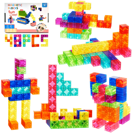 HOLARAY 48PCS Magnetic Blocks-Transparent Magnetic Cubes, Toddler Boy Toys, Sensorytoys for Kids Ages 3+, Preschool Magnet Toys for Boys and Girls