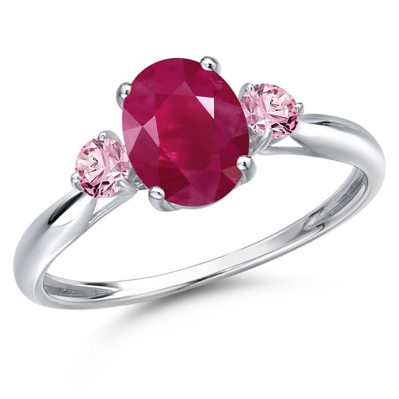 Gem Stone King 10K White Gold Red Ruby and Pink Lab Grown Diamond 3-Stone Ring for Women | 1.86 Cttw | Oval 8X6MM | Gemstone July Birthstone | Size 9