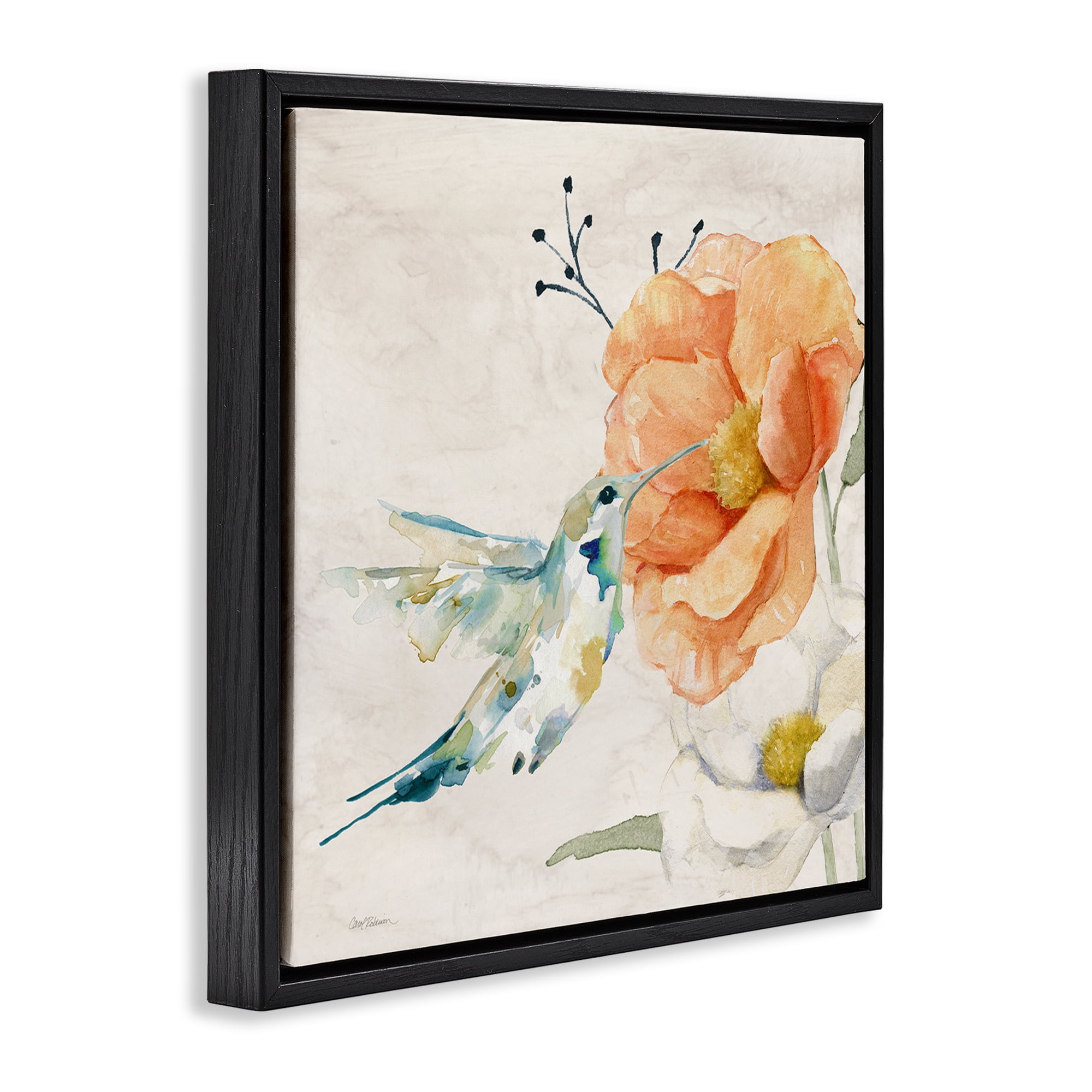 Stupell Industries Blossom & Hummingbird Plants & Flowers Painting Black Floater Framed Canvas Art Print Wall Art, 25 x 25