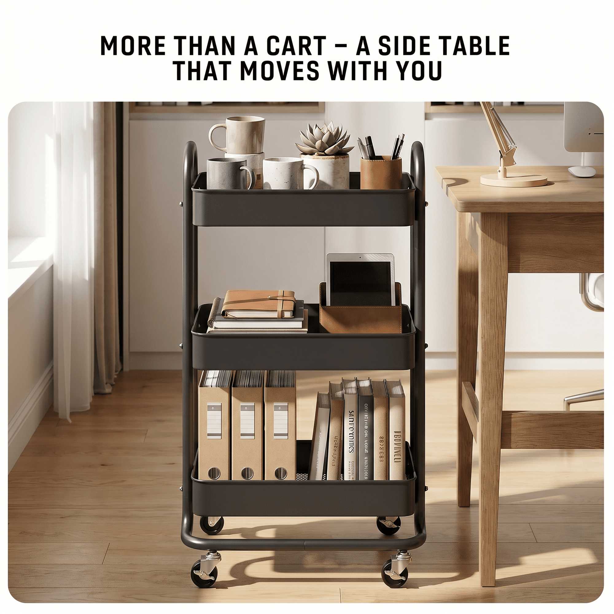 Fenbeli 3-Tier Metal Rolling Utility Cart with Wheels, black, 18"L x 13.4"W x 31"H