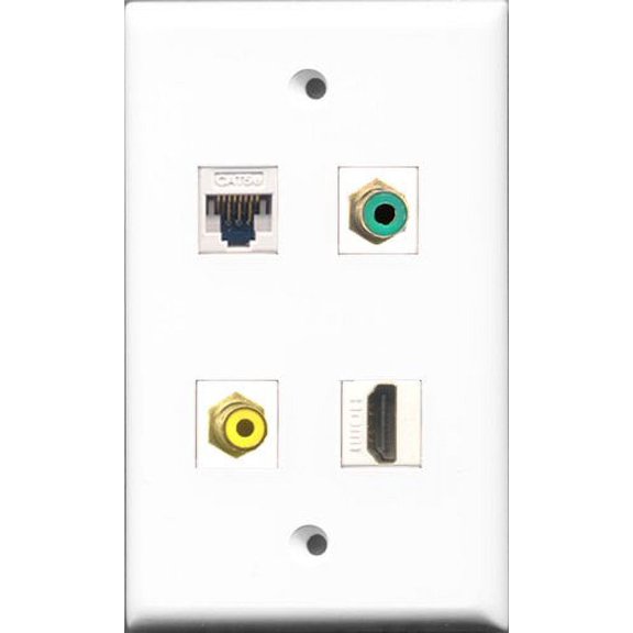 RiteAV 1 Port HDMI and 1 Port RCA Yellow and 1 Port RCA Green and 1 Port Cat5e Ethernet White Wall Plate