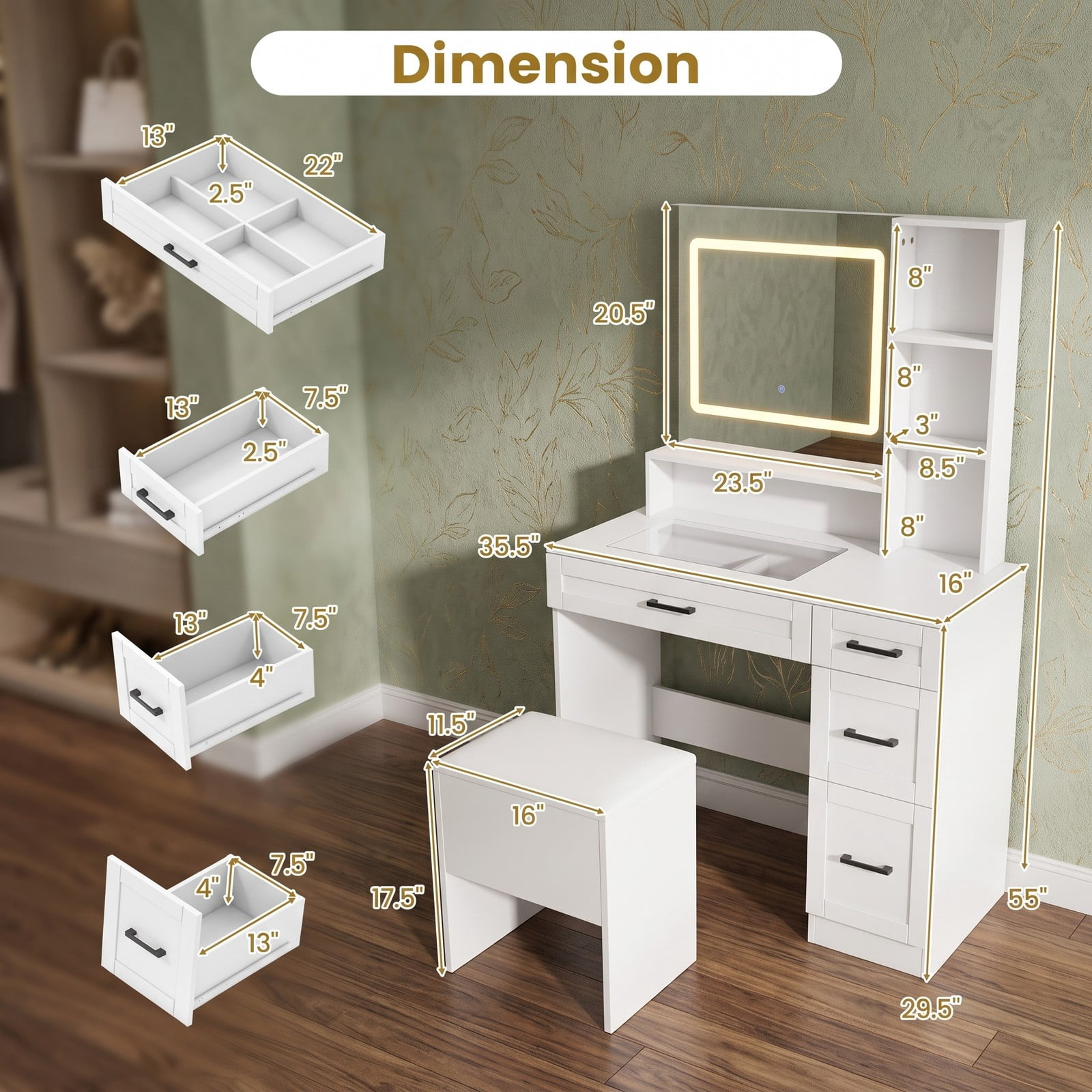 Furnibear Vanity Desk with Lighting and Hair Dryer Stand, Makeup Vanity Table with 3 Color Modes, Charging Station, 4 Drawers and Cushioned Stool, White